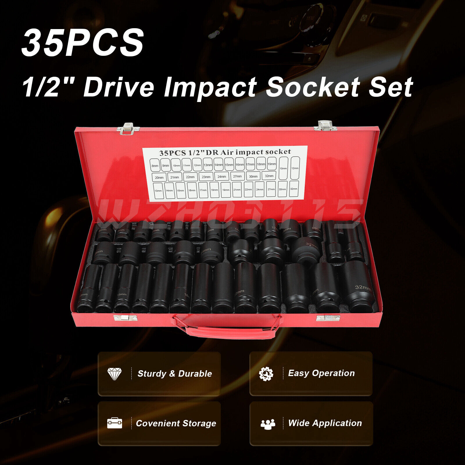 35pcs 1/2" Inch Deep Impact Socket Set Drive 8-32mm Metric Garage Sae With Case gallery