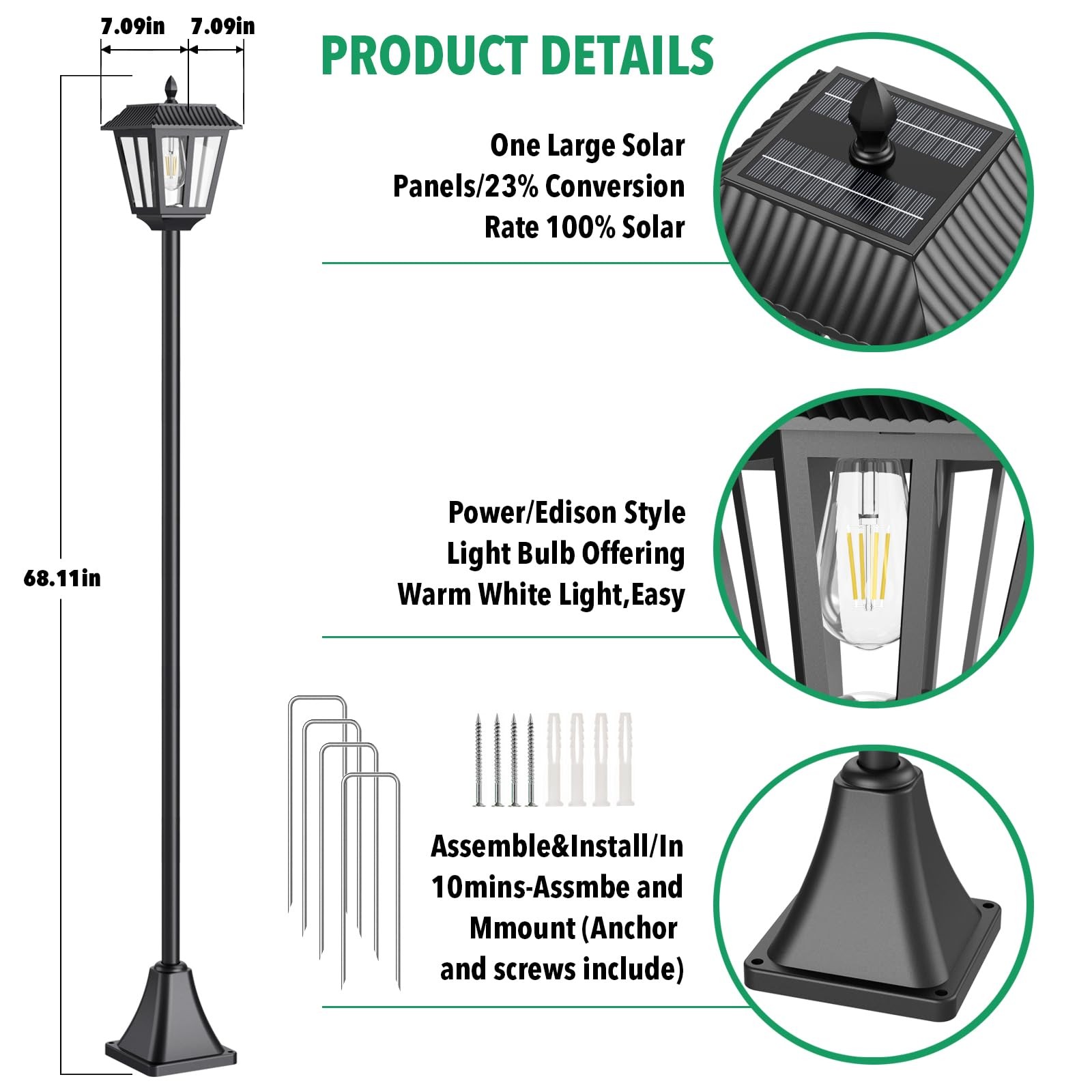 Solar Lamp Post Light 68 3000K Warm White IP45 Waterproof 2PK Outdoor Lights gallery