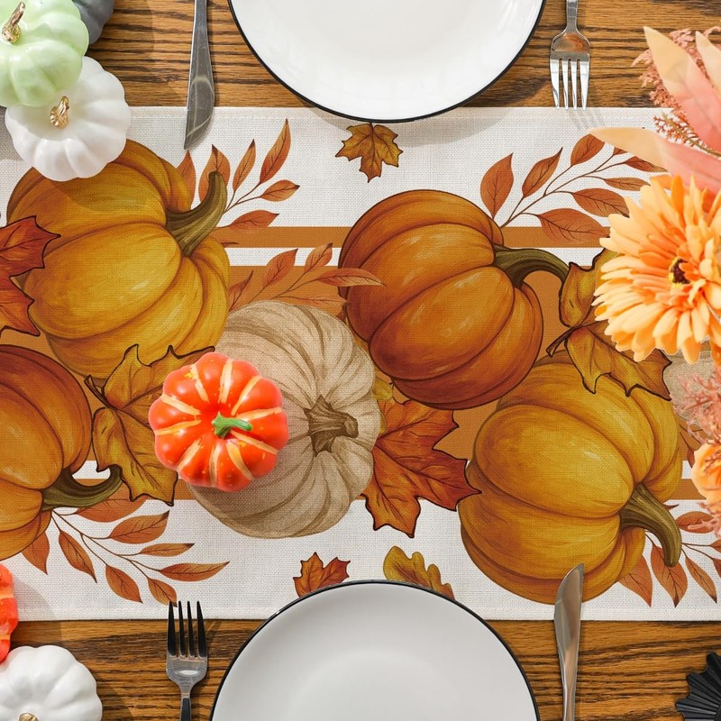 Fall Table Runner Maple Leaf Orange Pumpkin Seasonal Autumn Decor 13x48 Inch gallery