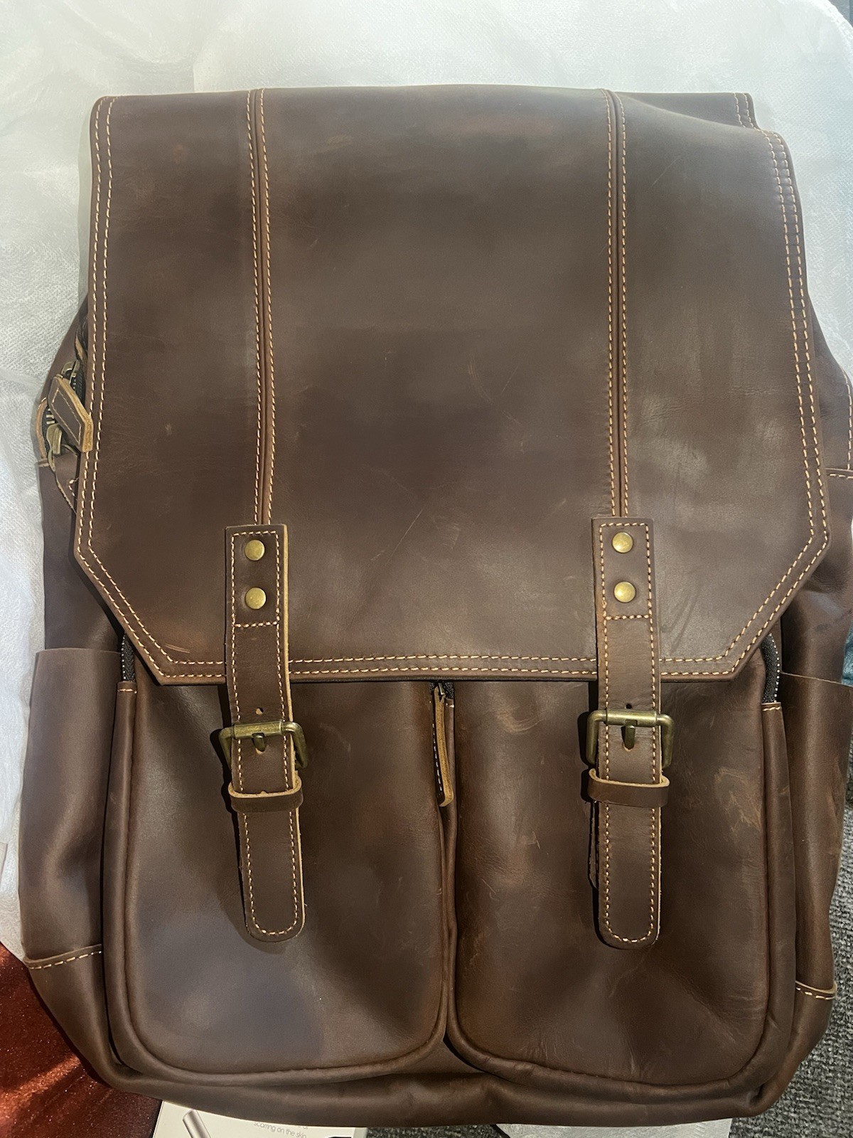 The Real Leather Co. Compact Brown Leather Hiking Backpack Adjustable Straps 4