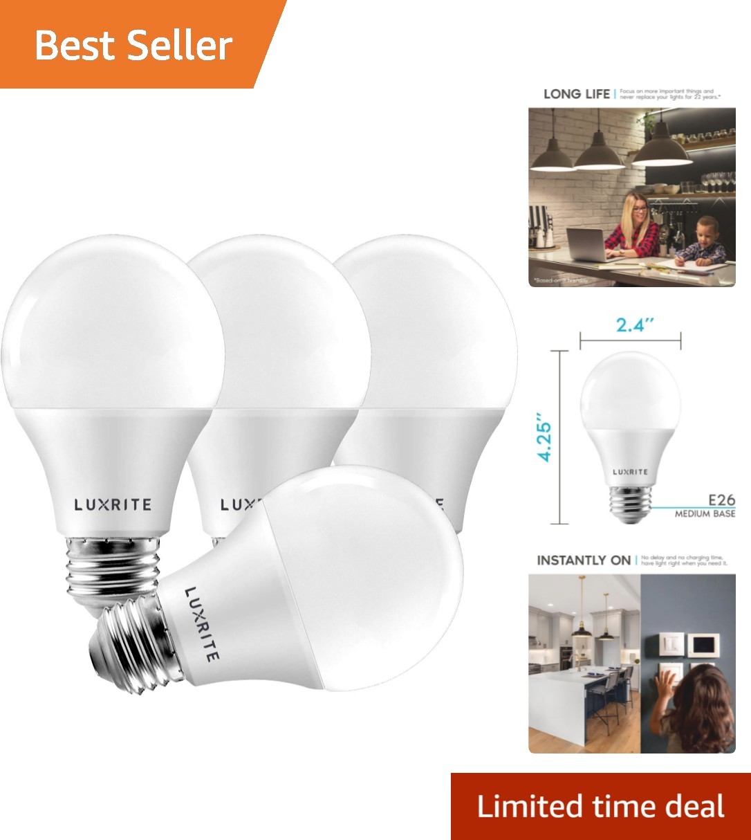 LUXRITE A19 LED Bulb 60W Equivalent 3500K 800 Lumens 4 Pack gallery