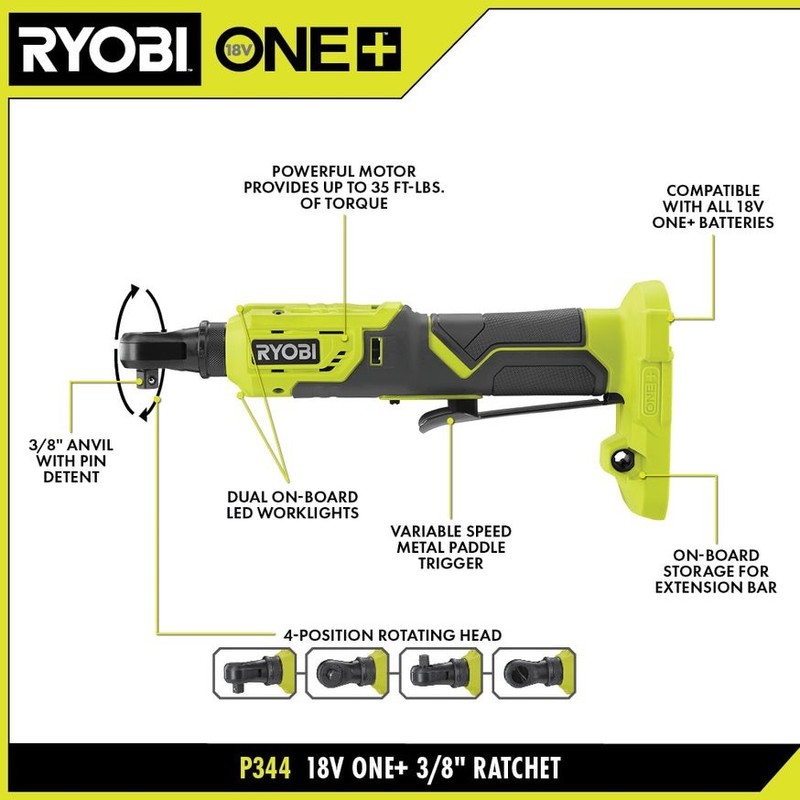 RYOBI | ONE+ | 18V 3/8” Ratchet Kit | 35ft-lb Torque | 2Ah & 4Ah Batteries gallery