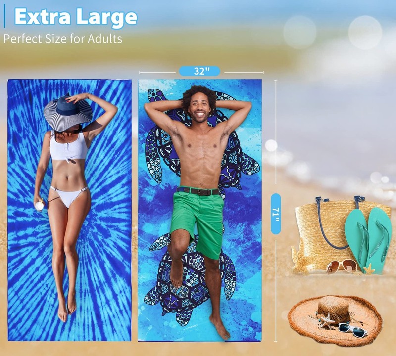 2 Pack Microfiber Thin Lightweight Beach 71"x32", 2 Tie Dye and Turtle gallery