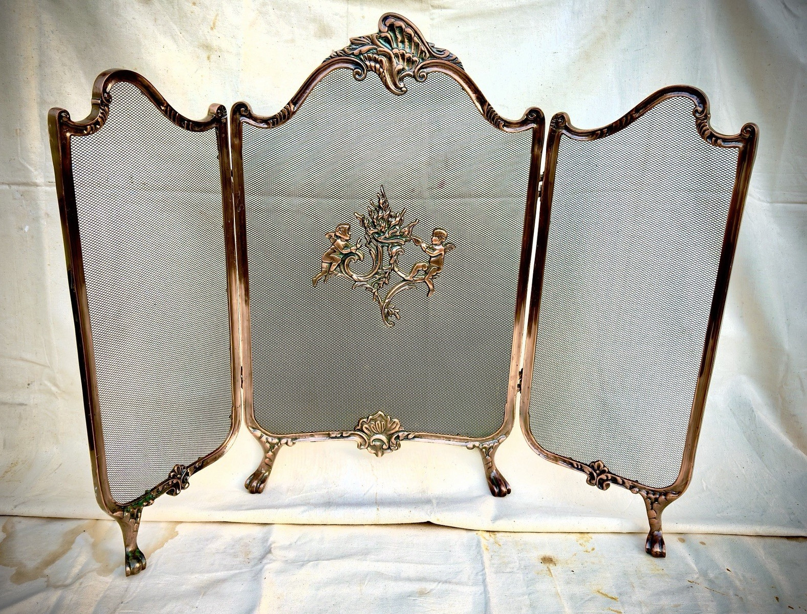 Antique Bronze Winged 3-Panel Fireplace Screen Metal Mesh w/ Feet, Cherub gallery