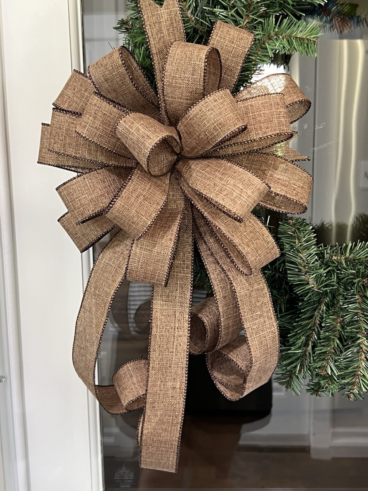 Handmade Dark Brown Rustic Burlap Holiday Bow 10 x 20 in. Wreath Swag Bow gallery