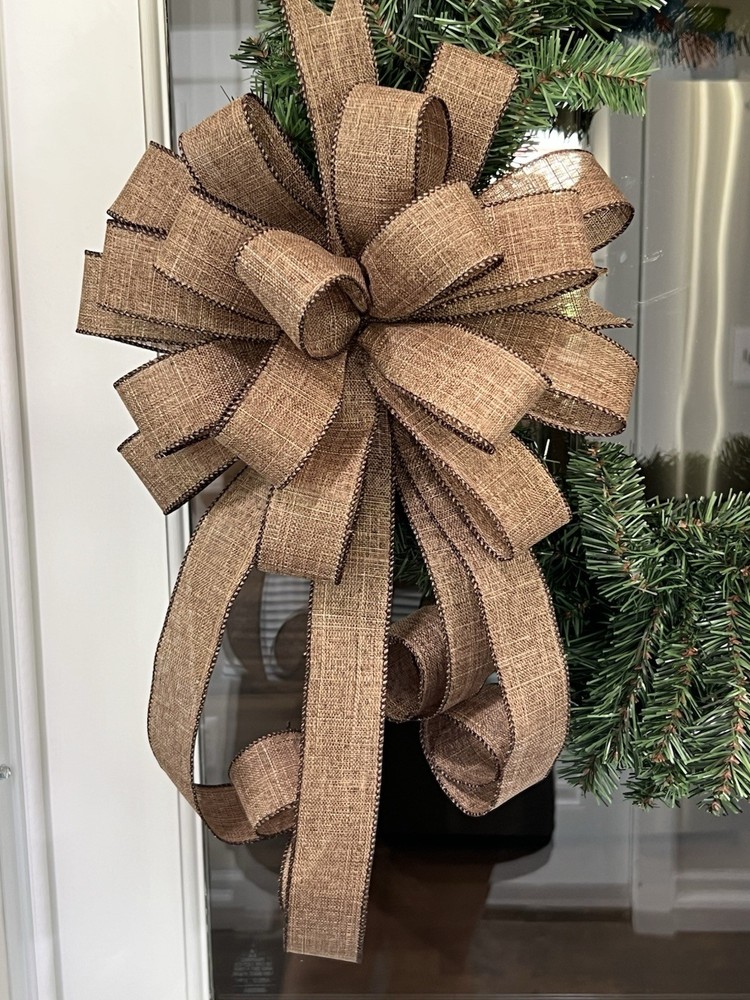 Handmade Dark Brown Rustic Burlap Holiday Bow 10 x 20 in. Wreath Swag Bow