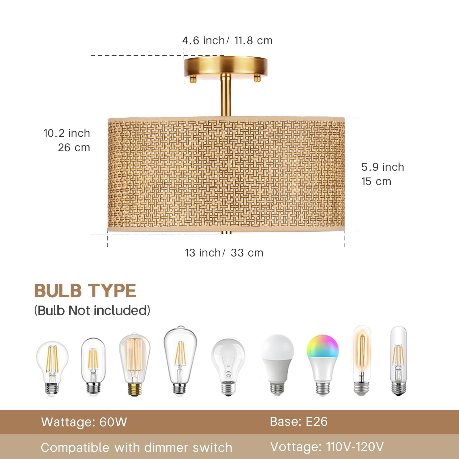 13" Woven Rattan Boho Ceiling Light Fixture, 3-Light Modern Semi Flush Mount gallery