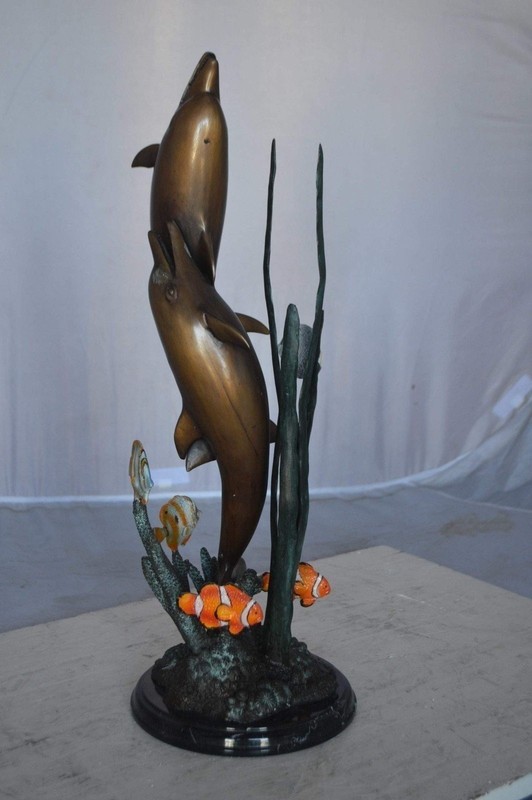 Two Dolphins with fish, table top bronze statue. - Size: 8"L x 8"W x 22"H. gallery