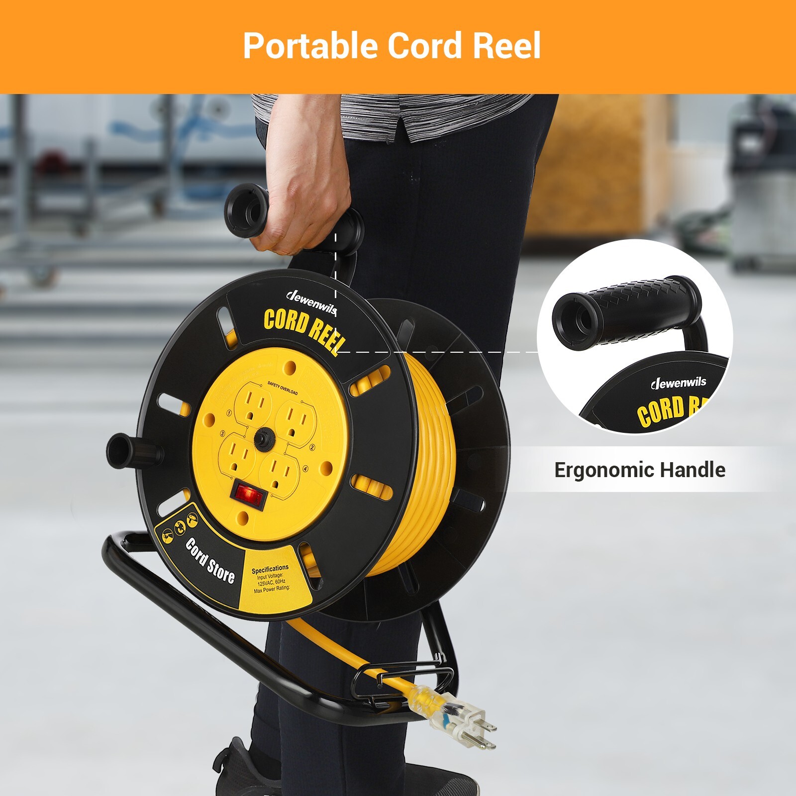 DEWENWILS Electrical Cord Extension Storage Reel with 4 Outlets Integrated Cord gallery
