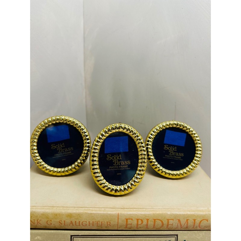 Solid Brass Mini Photo Frame Set 3 Piece Vintage Gold Round Oval Rope Border gallery
