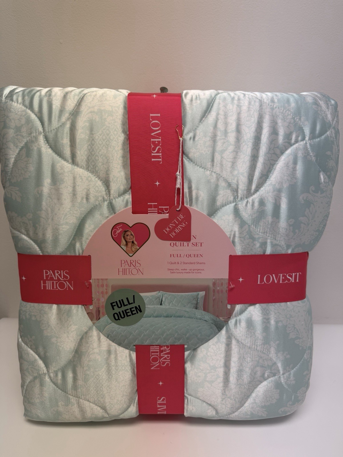 Paris Hilton Satin Quilt Set Full Queen Aqua Blue Damask 3 Pc Shams gallery