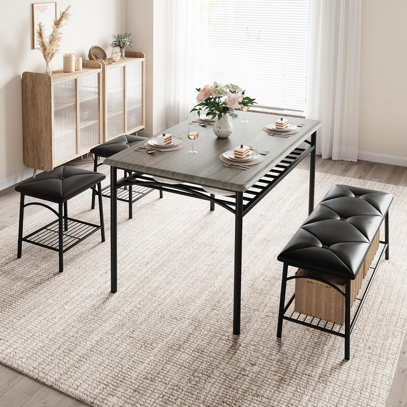 Dining Set Table with Wine Rack and 2 Upholstered Stools Bench for Small Kitchen gallery