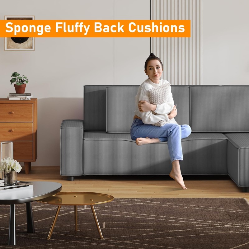 96" L-Shaped Sectional Sofa with Right Chaise, Modern Corduroy 3-Seater Couch gallery
