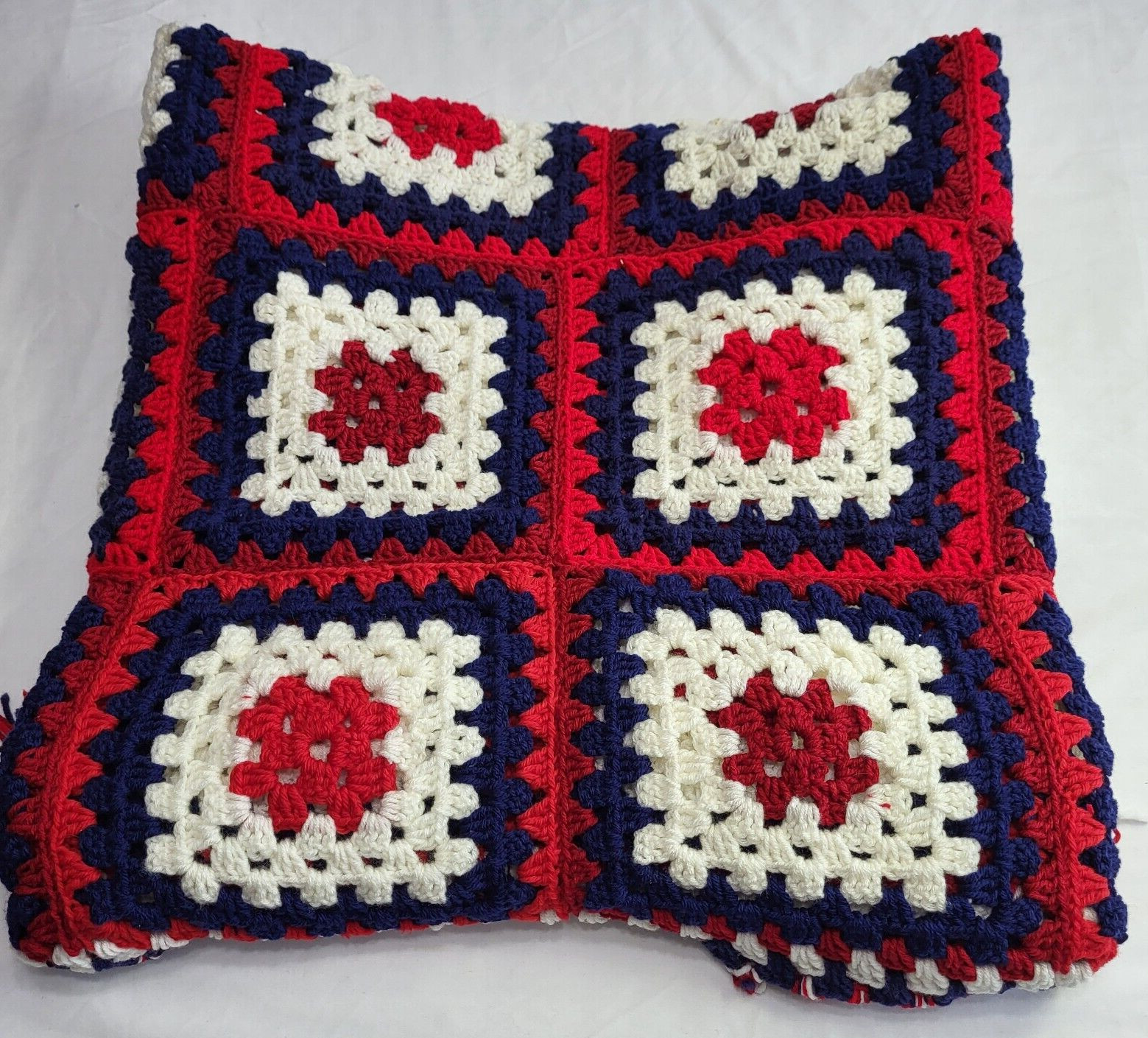 Granny Square Red White & Blue Patriotic Hand Crochet 47x39 Afghan Blanket Vtg gallery