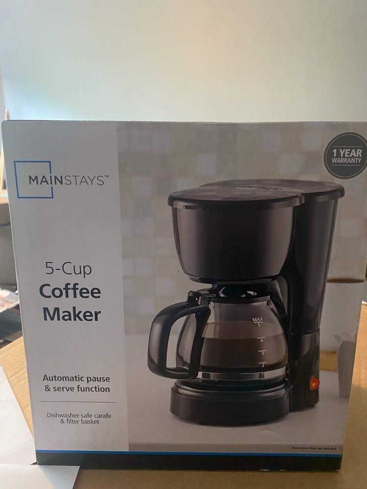 Mainstays Black 5-Cup Drip Coffee Maker, New Open Box