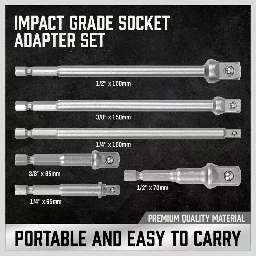6 pc 6" & 3" Impact Grade Socket Adapter Set 1/4" 3/8" 1/2" Drive 1/4" Hex Shank gallery