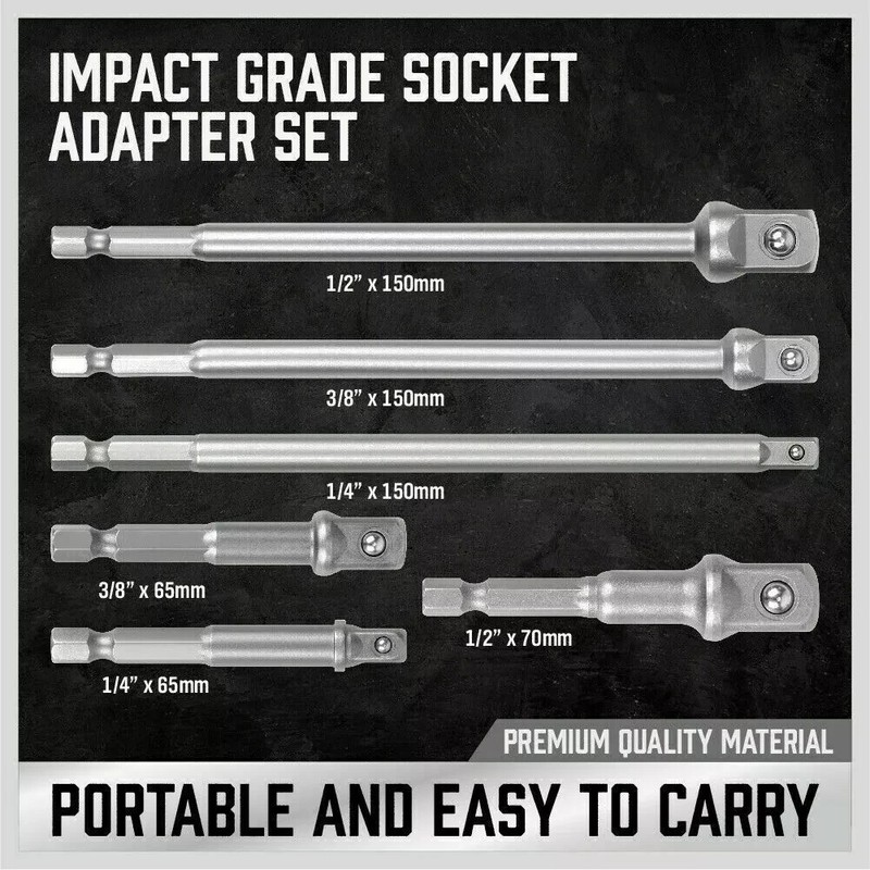6 pc 6" & 3" Impact Grade Socket Adapter Set 1/4" 3/8" 1/2" Drive 1/4" Hex Shank gallery