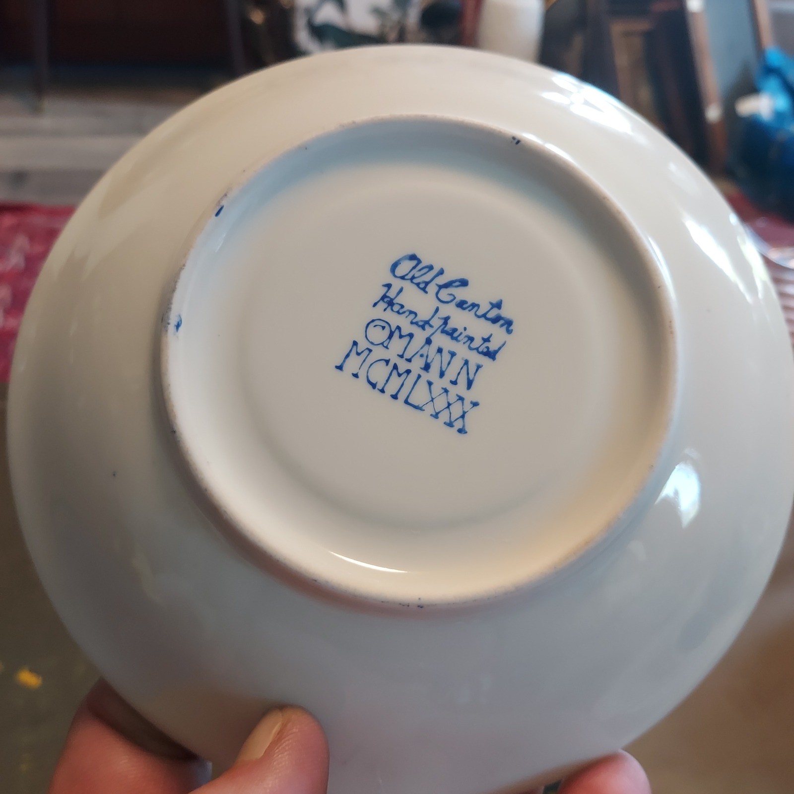 OMANN Old Canton Hand Painted Blue White Porcelain Saucers Set of 2 MCMLXXX 1980 gallery
