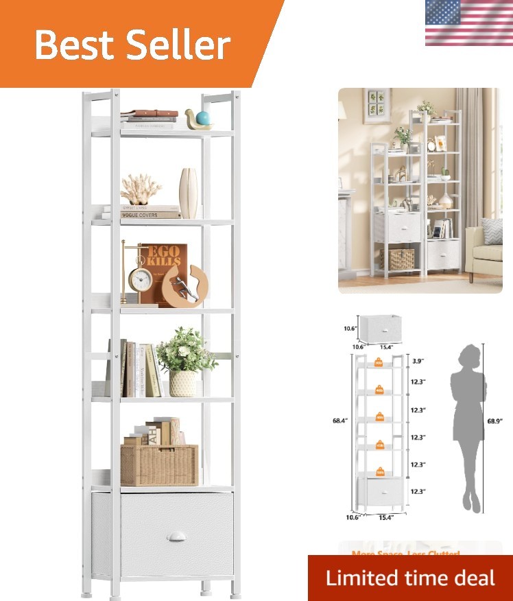 6 Tier Bookshelf, Tall Shelf with Drawer, Wood and Metal Bookshelves Storage ... gallery