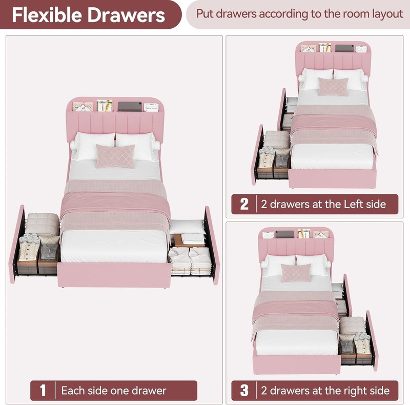 Full Queen Twin Upholstered Bed Frame & Headboard ,Platform Bed with 2 Drawers gallery