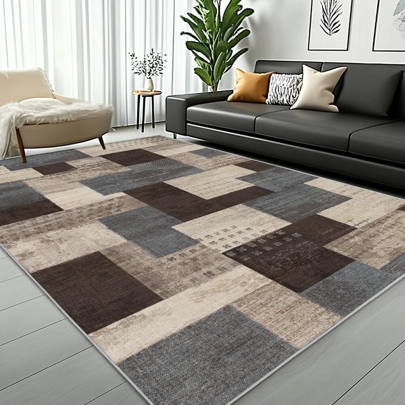 Qduidu Modern Geometric Patchwork Indoor Area Rug For Living Room Blue-Taupe 4X gallery