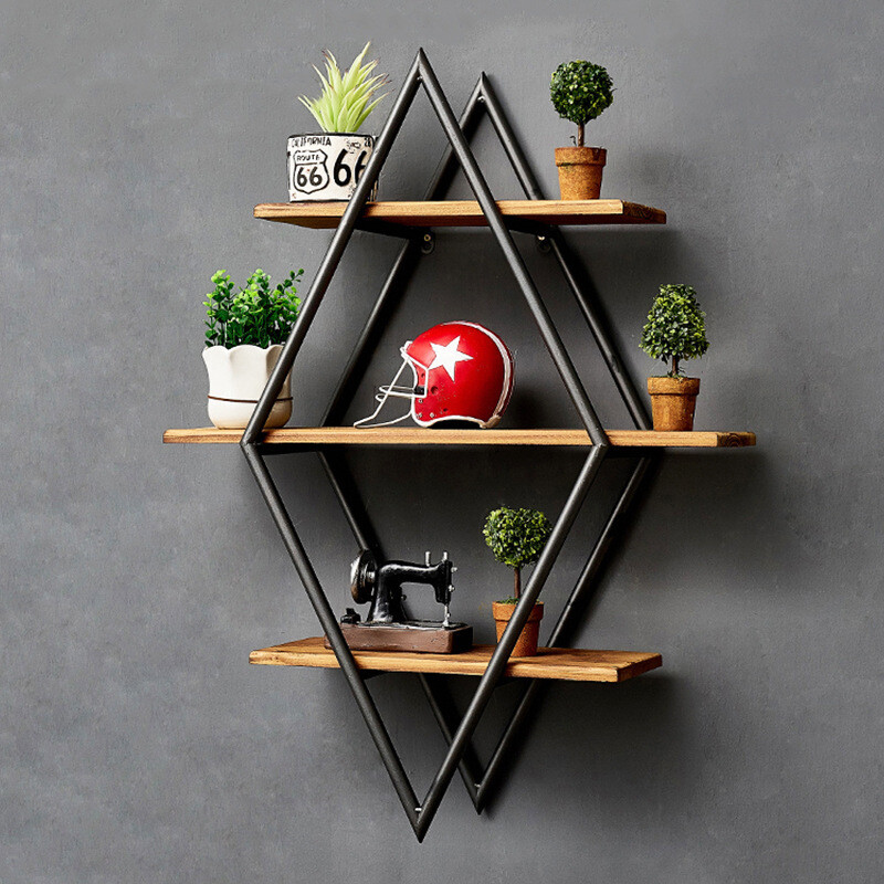 Retro 3-Tier Wood Floating Shelf Industrial Wall Mount Metal Frame Storage Rack gallery