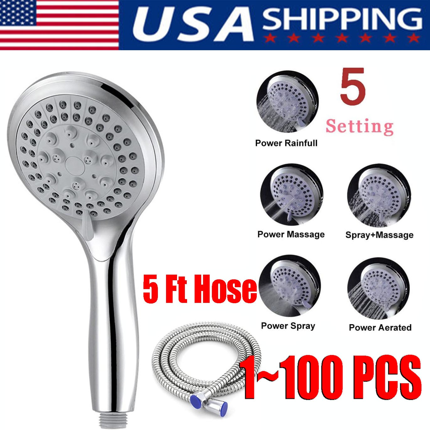 High Pressure Shower Head 5 Settings Handheld Shower Heads Spray With 5 FT Hose gallery