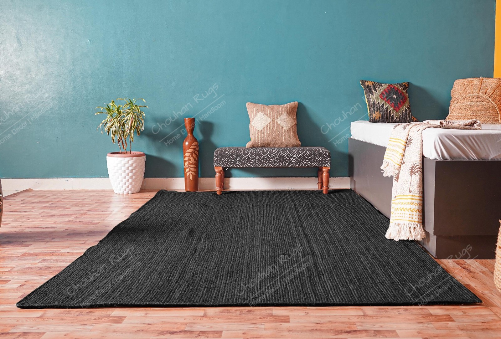 Braided Rectangle Black Jute Rug Bohemian Vintage Area Rugs For Home decor gallery
