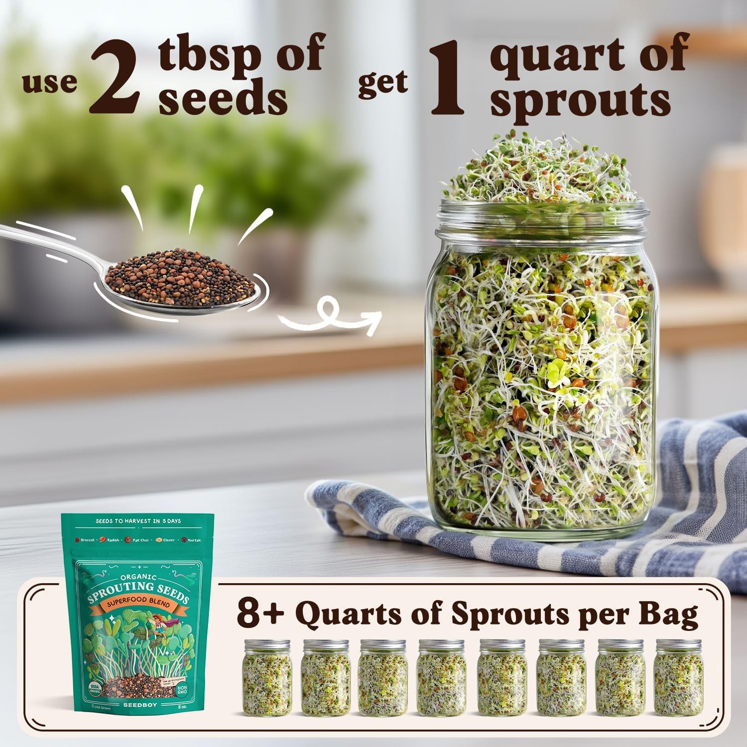 Seedboy Organic Non-GMO Sprouting Seeds, Superfood Blend - USA 8 oz, Green gallery