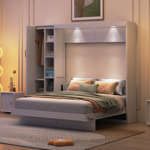 Full Queen Size Murphy Bed Wall Beds with Wardrobe Storage Shelves & LED Lights gallery