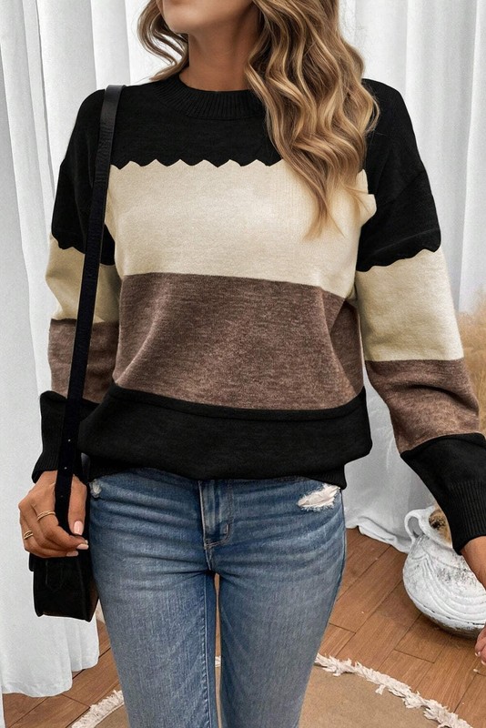 Brown Colorblock Crew Neck Drop Shoulder Sweater gallery