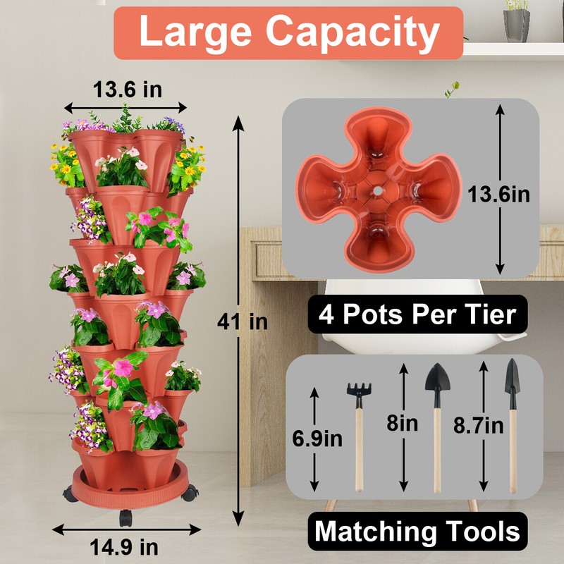 7-Tier Stackable Planters Vertical Planter Garden Flower Pot w/ 4 Wheels & Tools gallery