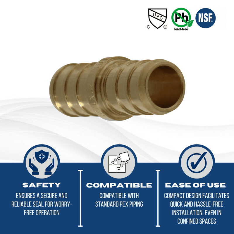 25 Pcs. 1/2" Pex Coupling - Lead Free Brass, Half Inch Crimp Coupling 23-3-4=25 gallery