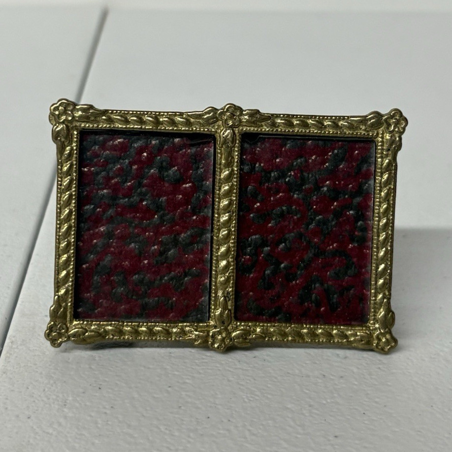 Gold Tone Metal Double Picture Frame Folding Easel Back Red Rear-Loading 3x2” gallery