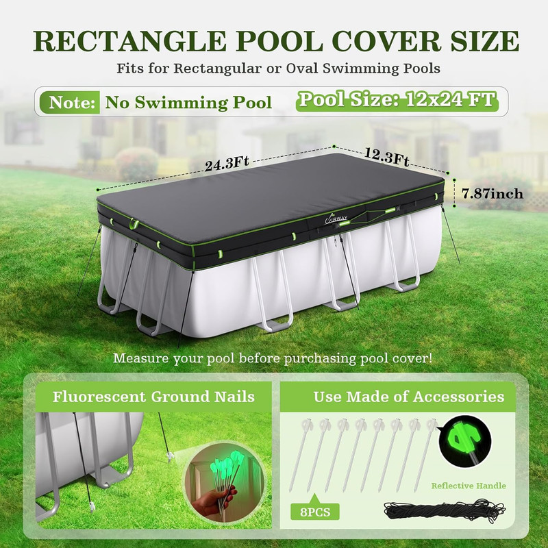 UIRWAY 12x24 FT Rectangular Pool Cover with Reflective Strips, Swimming Pool Cov gallery