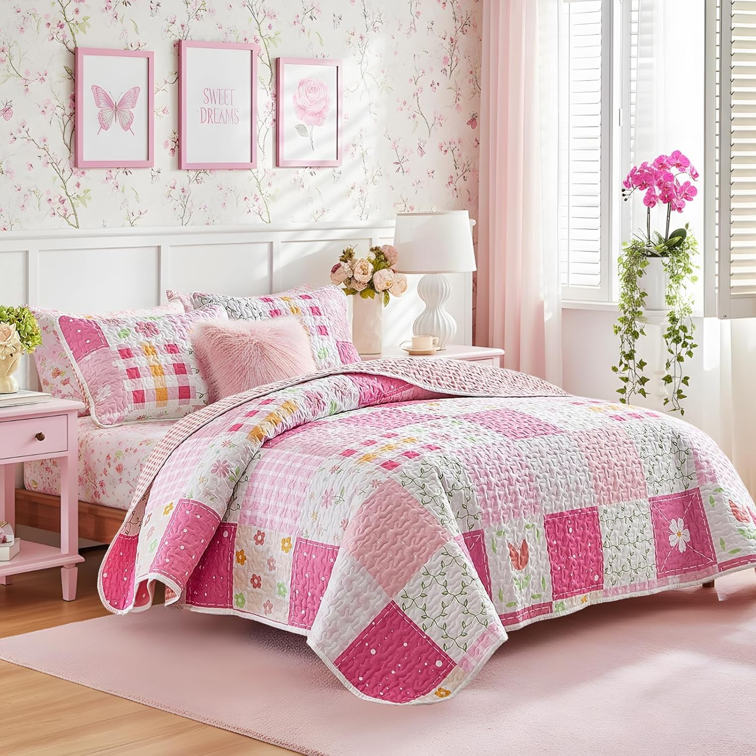 Patchwork Quilt Set Twin Size 2 Pieces White Pink Floral Plaid Reversible Americ gallery