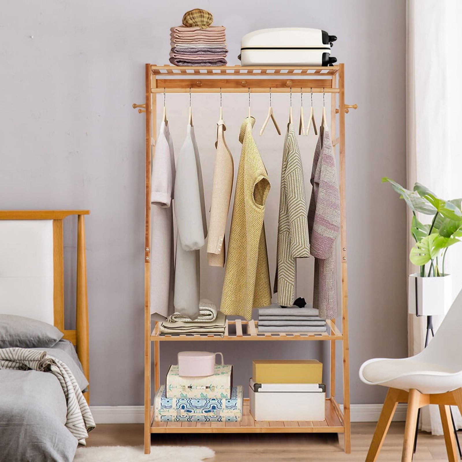 Bamboo Garment Rack Clothes Shelf Shoes Storage with Hooks Brown gallery
