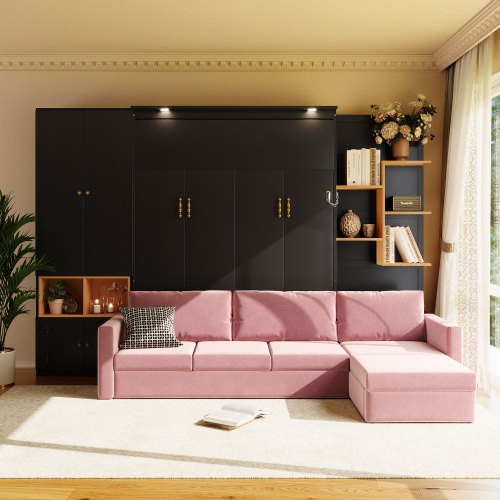 Queen Size Murphy Wall Bed with Sofa & Shelves Cabinets Saving Wood Hidden Beds gallery