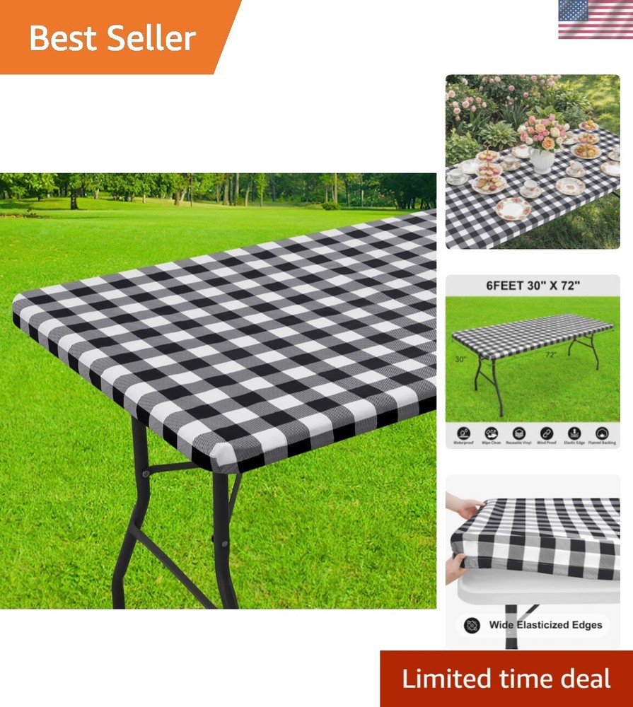 Rectangle Picnic Table Cloth, Elastic Waterproof Fitted Vinyl Tablecloths, Fl...