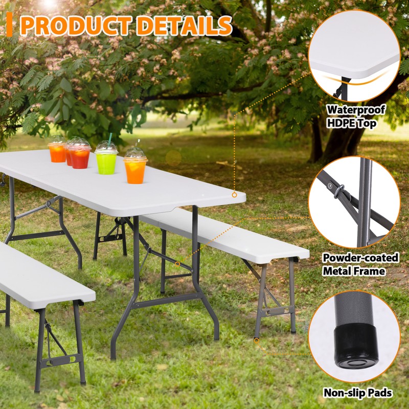 White Folding Table Set with Set of 2 Bench & In/Outdoor Picnic Party Table gallery
