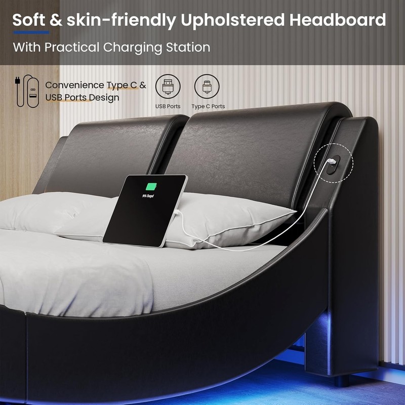 Queen Bed Frame with Led Lights,Charging Ports,Faux Leather Upholstered Beds gallery
