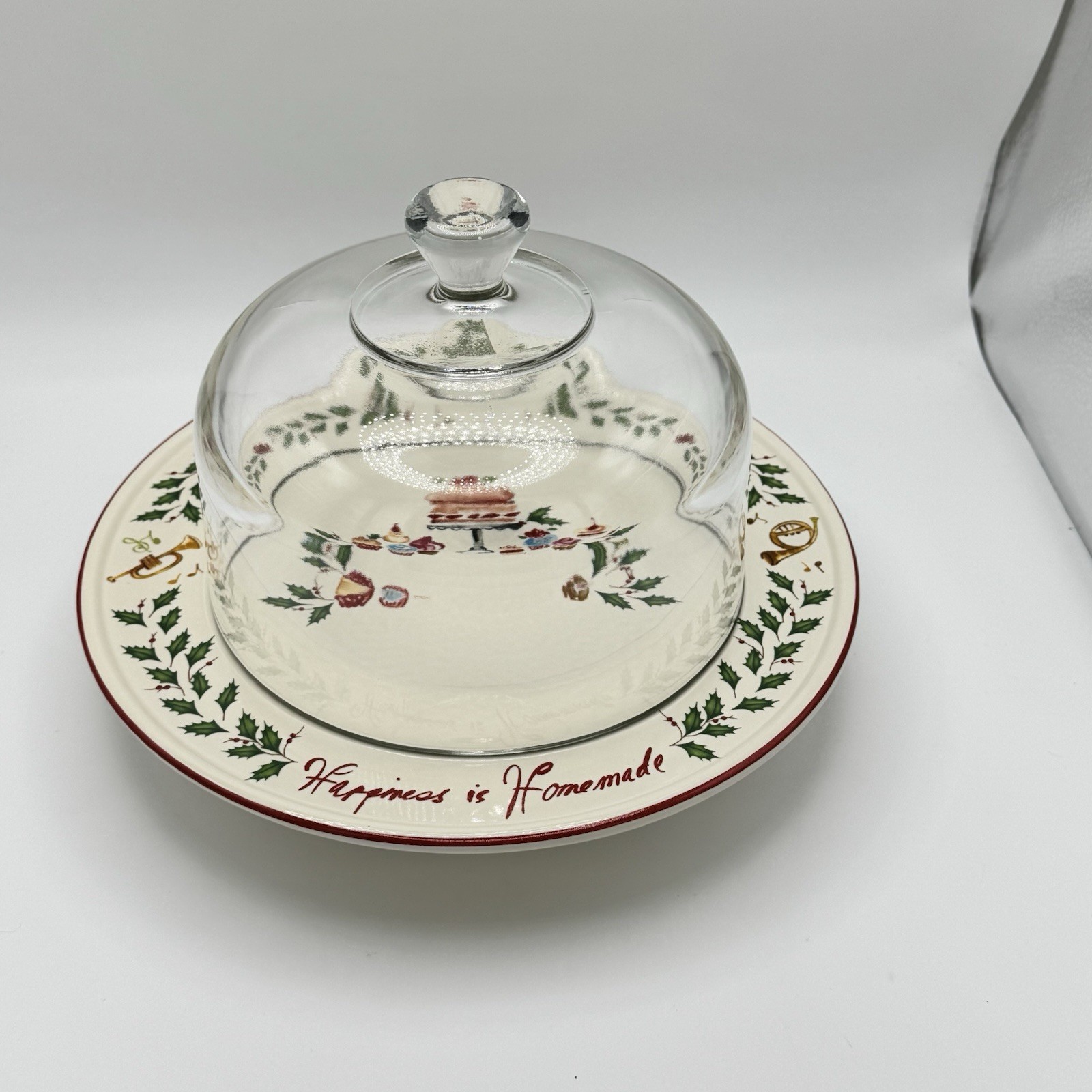 Lenox Holiday Happiness is Homemade Pedestal Cake Plate & Dome Retired READ gallery