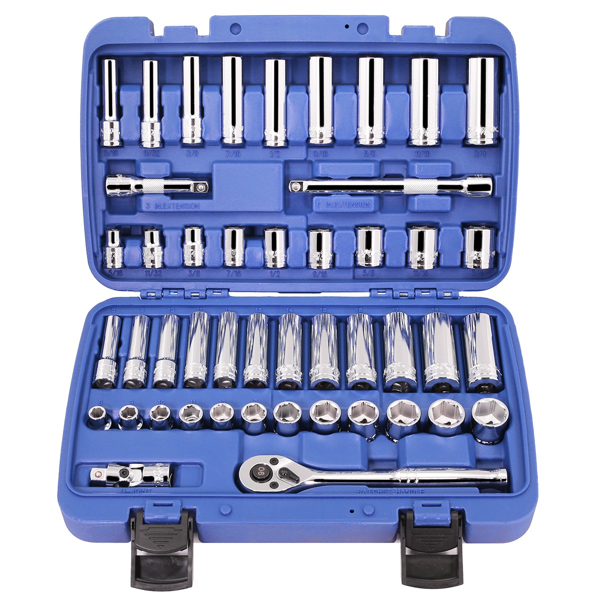 47pcs 3/8 in. Drive Socket Set (SAE/MM) 90T Ratchet Extension Bar 6pt Socket Set gallery