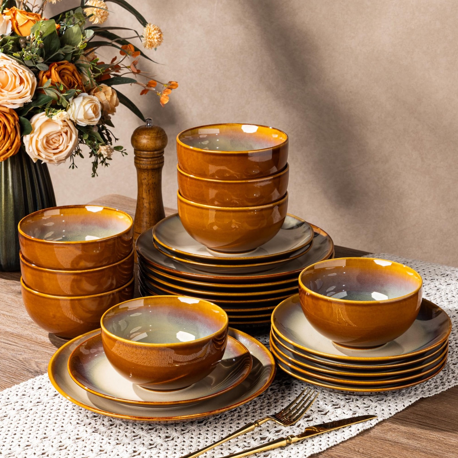 Ceramic Dinnerware Set Service for 8 24PCS Stoneware Plates Bowls Kahki LERATIO gallery