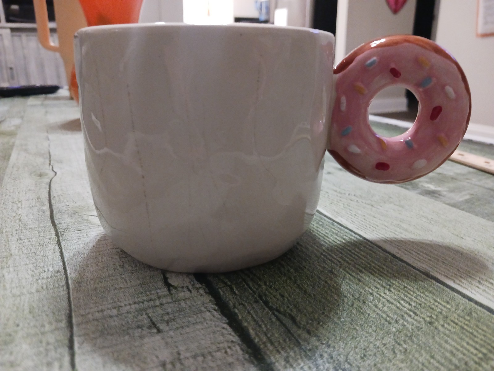 World Market White Ceramic Coffee Mug Pink Frosted Donut Handle Novelty gallery