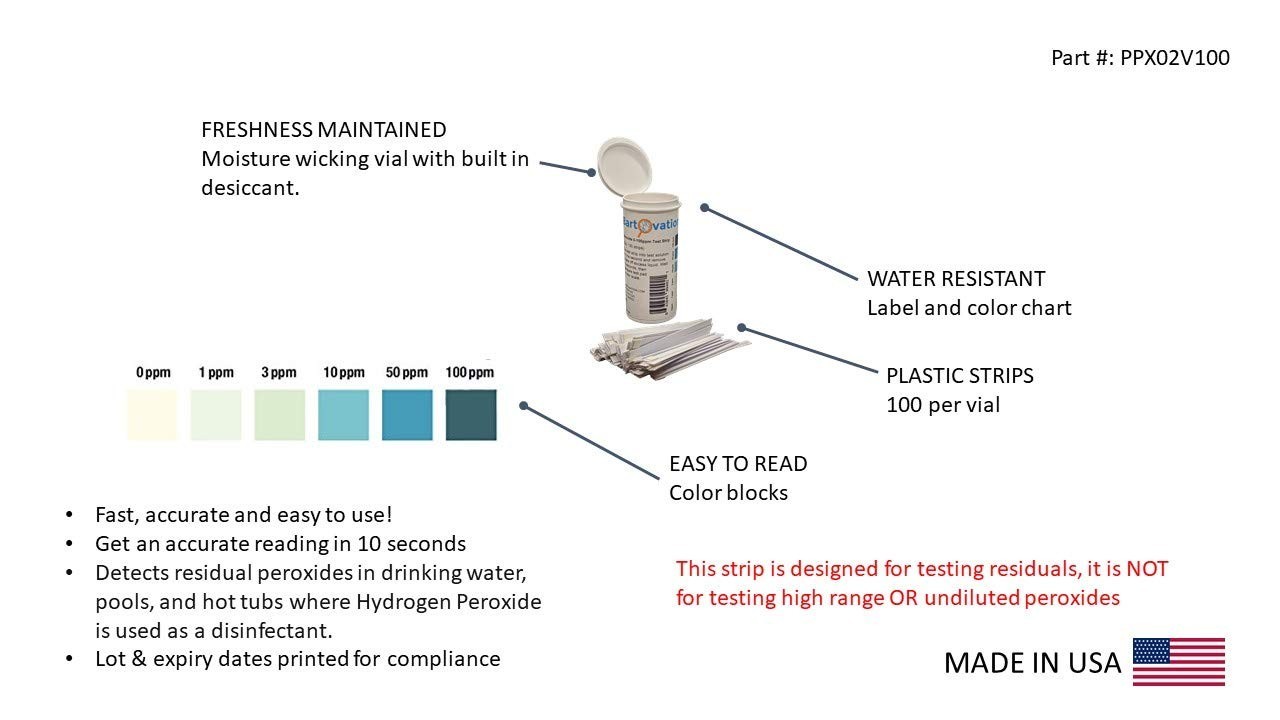 Hydrogen Peroxide Test Strips 0-100 ppm Low Level Bottle of 100 for Water Pools gallery