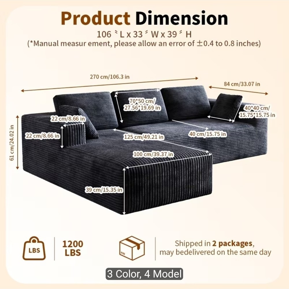 Extra Large L-Shaped Sectional Sofa with Right Chaise, Modular Plush Cloud...