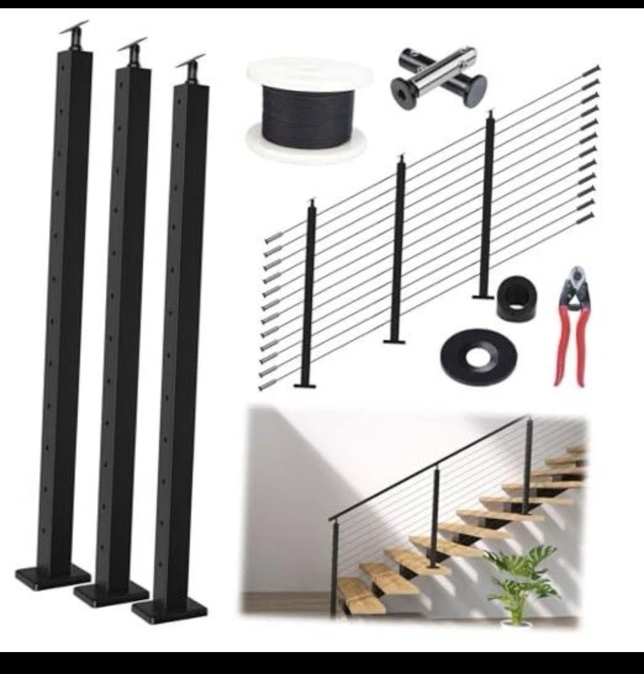 10-15FT Black Cable Railing Kit 42 Inch 3 42" 10-15ft Stair post kit Outdoor gallery