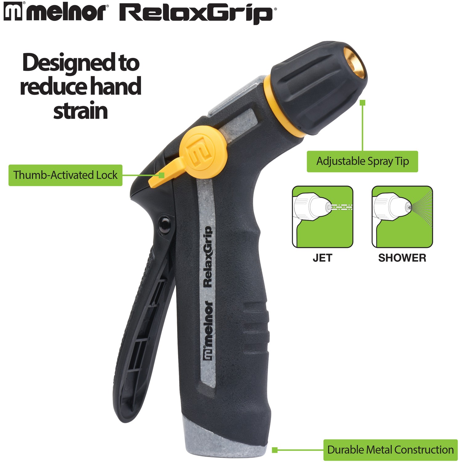 Melnor R200 Black/Yellow TPR Coated RelaxGrip Adjustable Metal Hose Nozzle gallery