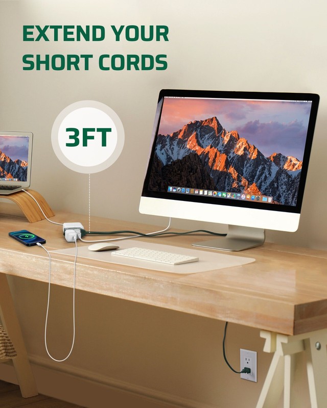DEWENWILS 3-Pack 3 Ft Extension Cord with Multiple Outlets 2 Prong 16 AWG Green gallery